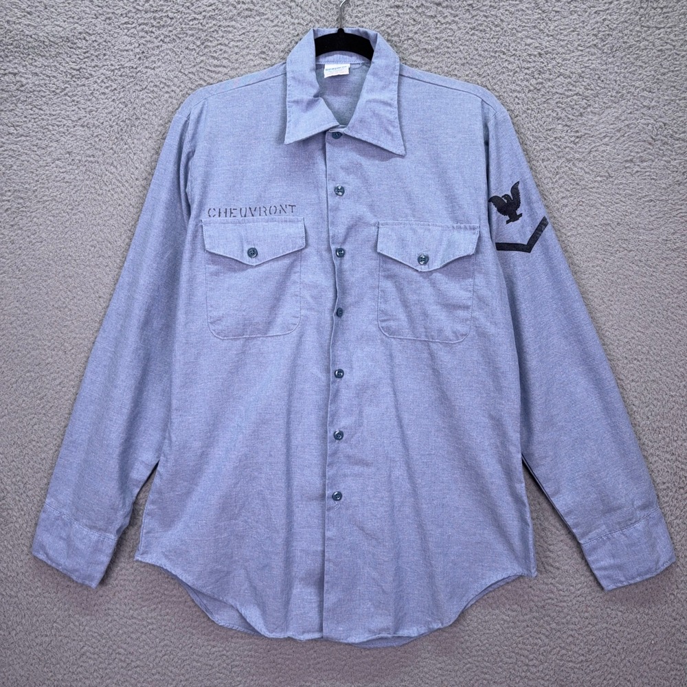 VTG Seafarer Shirt Mens M Blue US Navy Chambray Utility Stenciled Military